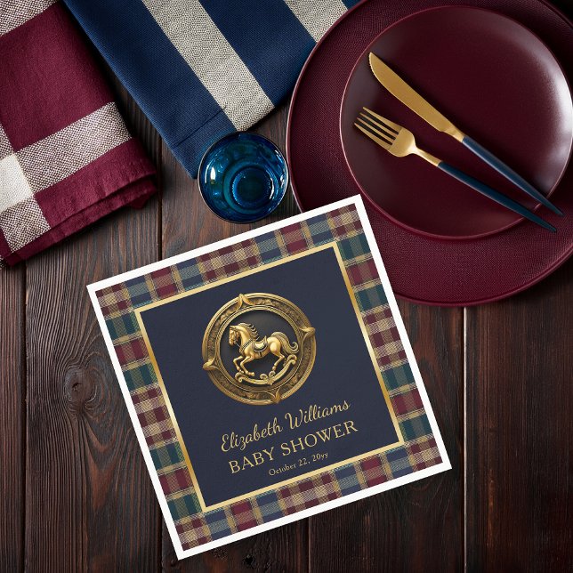 Blåstötningsskuvret för Equestrian Rocking Horse B Pappersservett (Charming Preppy Equestrian Gold Rocking Horse  Navy Blue with Plaid Boy Baby Shower Paper Napkins)