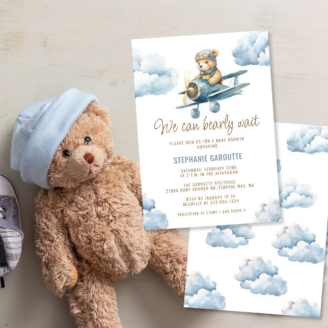 Blåstövel för Cute Bear Airplan Blue Boy Shower Inbjudningar (Cute Bear Airplane Blue Boy Baby Shower Invitation
)