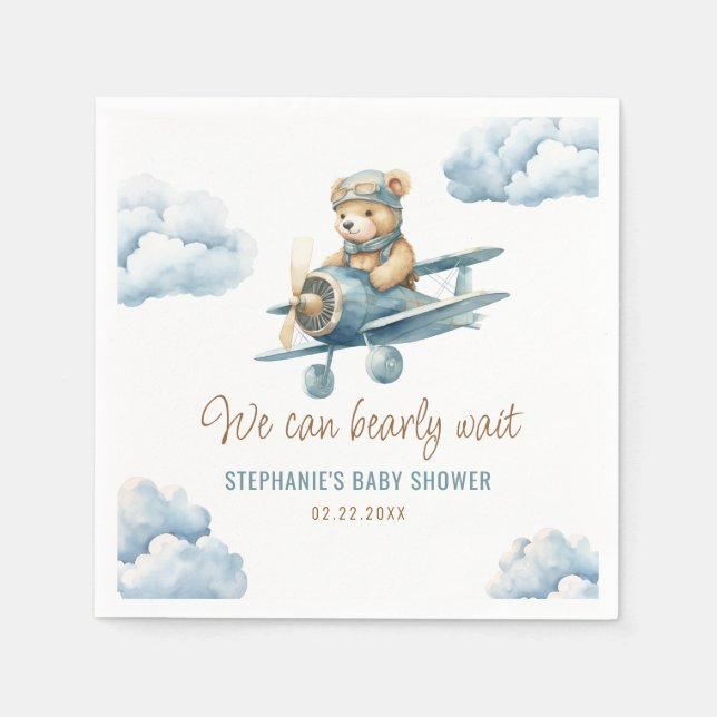 Blåstövel för Cute Bear Airplan Blue Boy Shower Pappersservett (Framsidan)