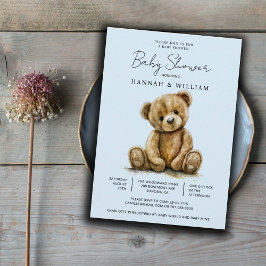Blåstövel för Cute Nalle Blue Pojke Baby Shower Inbjudningar