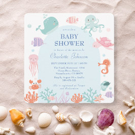 Blåstövel för Cute Pastel Ocean Friends Blue Baby Inbjudningar