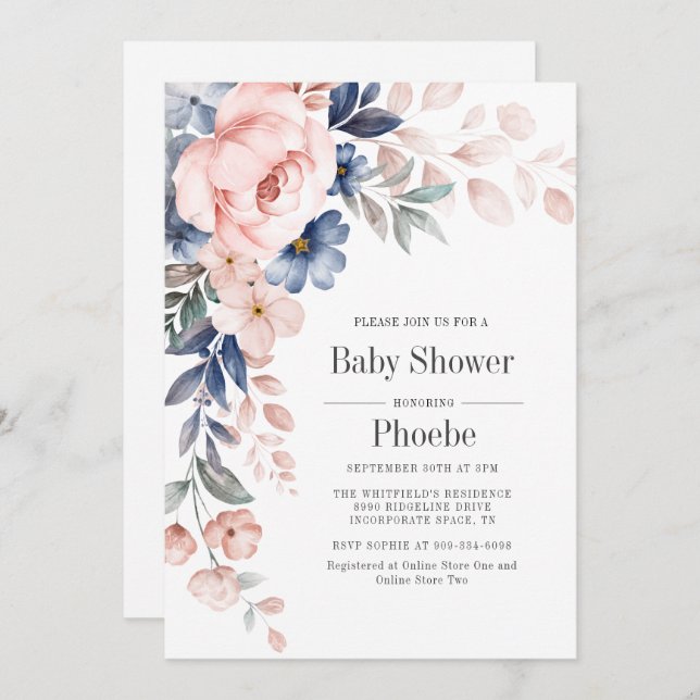 Blåstövel för modern Rosa Blue Blommigt Baby Showe Inbjudningar (Fram/baksida)