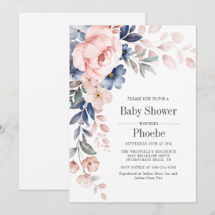 Blåstövel för modern Rosa Blue Blommigt Baby Showe Inbjudningar