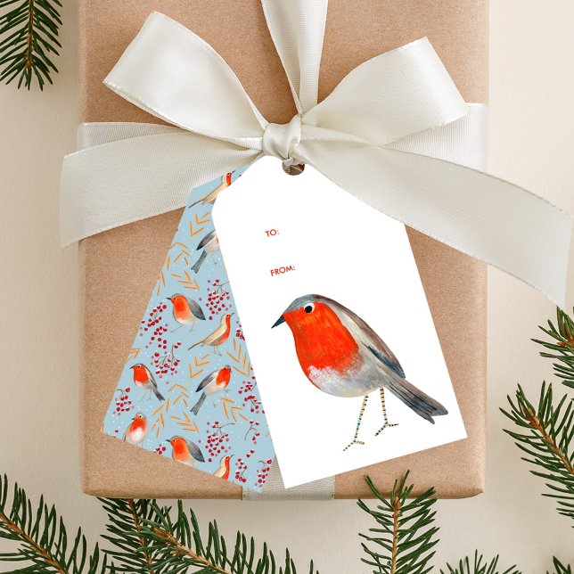 Blåstövlarn (blått mönster-helgdag) presentetikett (Cute bird red robin blue pattern Christmas holiday Gift Tags)
