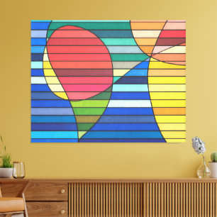 Blåstrimlad Abstrakt med röda former och Gulter Canvastryck