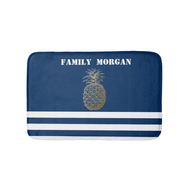 Blåstrimlad marin guld-ananas badrumsmatta (Framsidan)