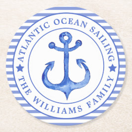 Blåstrimlad Nautisk ankarflotta, Personlig Underlägg Papper Rund