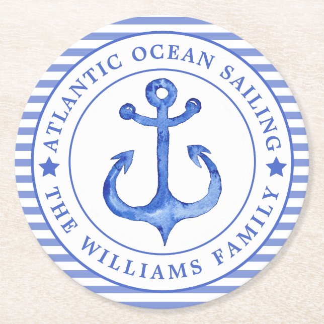 Blåstrimlad Nautisk ankarflotta, Personlig Underlägg Papper Rund (Framsidan)