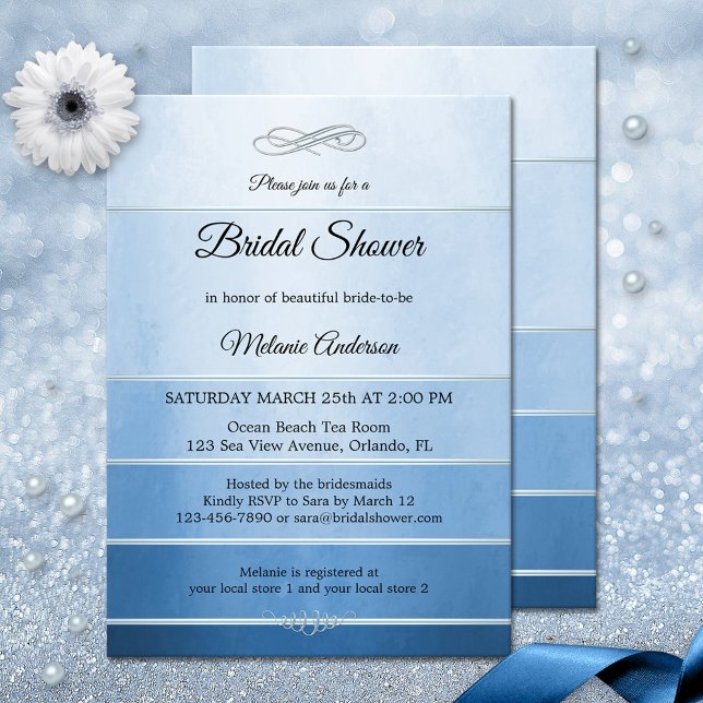 Blåstripe i silver på tona Möhippa Inbjudningar (Bridal shower invitation featuring a blue striped tone on ton painted design with a silver lining)
