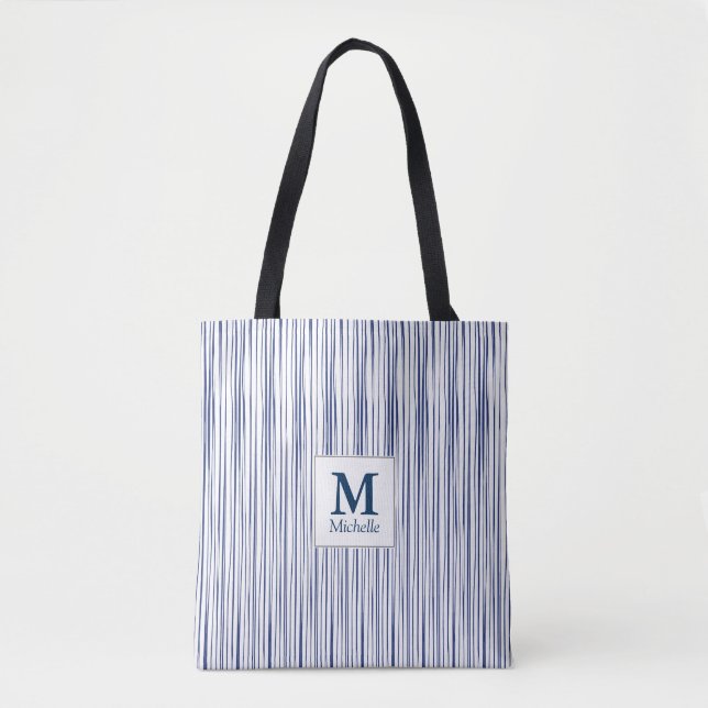 Blåstripe Mönster Monogram Tote Bag Tygkasse (Framsida)
