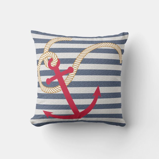 Blåstripe Nautical Pillow med Red Anchor och R Kudde (Framsida)