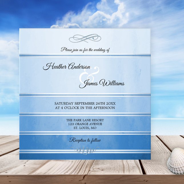 Blåstripe Ton sur Ton Wedding bjudande in till sil Inbjudningar (Chic wedding invitation featuring a striped design with watercolor effects in tone on tone blue)