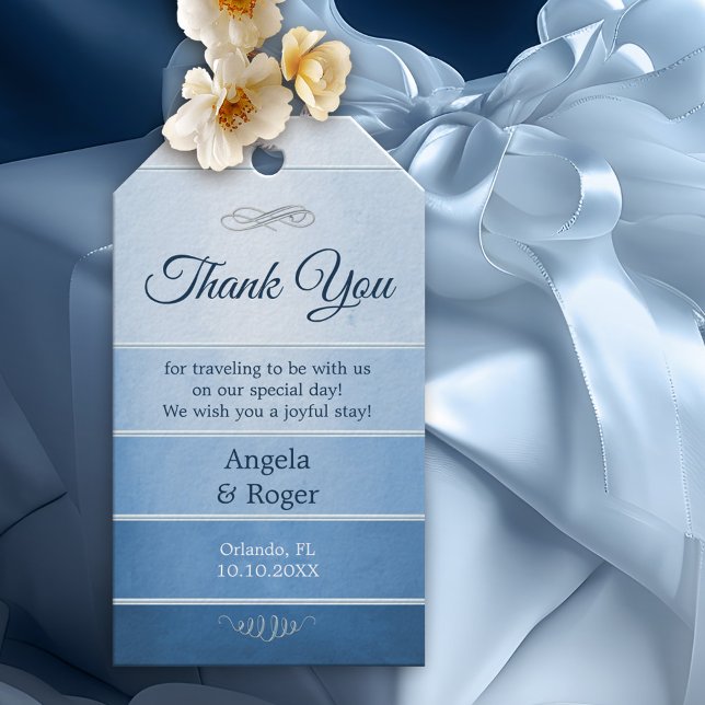 Blåstripe Ton sur Ton Wedding Favor Tack Presentetikett (Wedding Thank You gift tag featuring a painted tone on tone blue striped design with a silver lining)