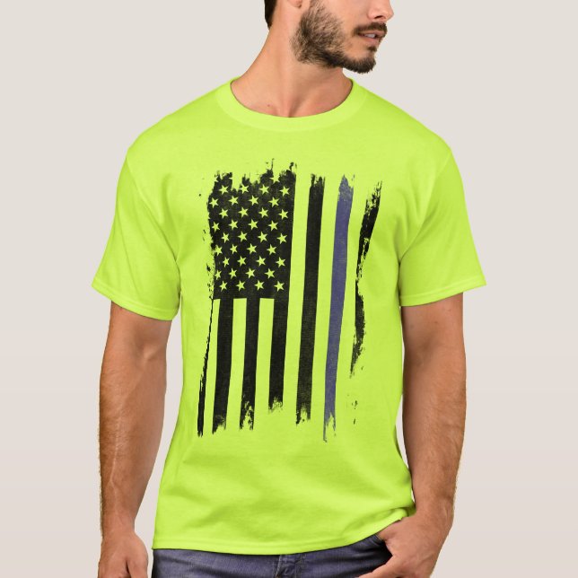 Blåstrippad svart och vit amerikansk Flagga T-Shir T Shirt (Framsida)