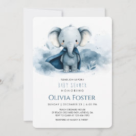 Blåsuperhjälten Elephant Baby Shower-inbjudan Inbjudningar