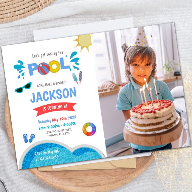Blåsvampade Bassäng-födelsedagsinbjudningar med fo Inbjudningar (Blue sunglass Pool Birthday Invitations w photo)