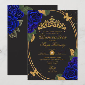 Blåsvart Guld Glitter Butterfly Quinceañera Inbjudningar