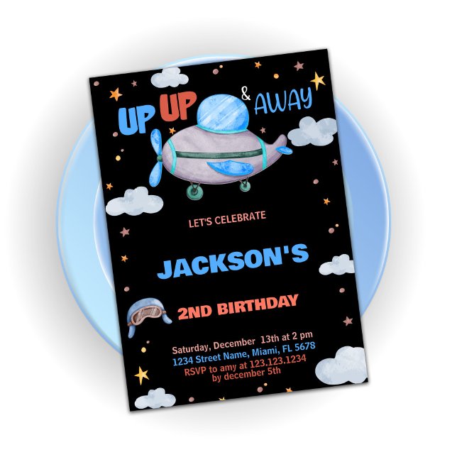 Blåsvart inbjudan till flygplanet (Airplane Birthday Invitations Brown Blue Black)