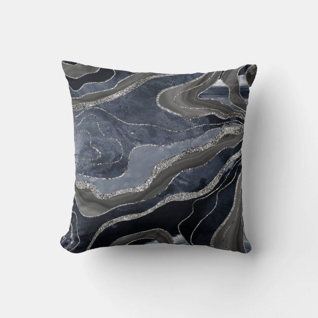 Blåsvart marble Agate Silver Glitter Glam Kudde (Framsida)