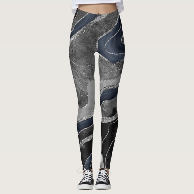 Blåsvart marmoragate Silver Glitter Glam 2 Leggings (Framsida)