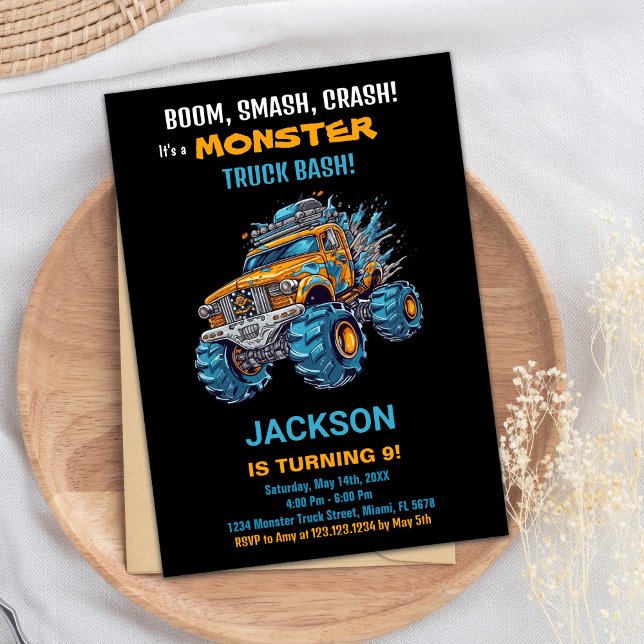 Blåsvart Monster Lastbil-födelsedagsinbjudan Inbjudningar (Monster Truck Birthday Invitations Blue Black)