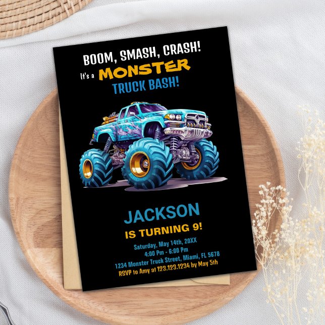 Blåsvart Monster Lastbil-födelsedagsinbjudan Inbjudningar (Monster Truck Birthday Invitations Blue Black)