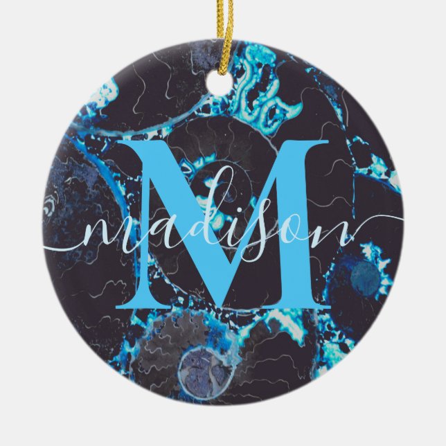 Blåsvart Nautilus snäcka mönster, skrämt geometri Julgransprydnad Keramik (Framsidan)