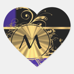 Blåsvart och guld monogram hjärtformat klistermärke