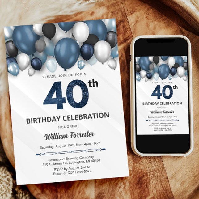 Blåsvart och vit Silver-inbjudan på 40:e födelseda Inbjudningar (Blue Silver Black & White 40th Birthday Invitation)