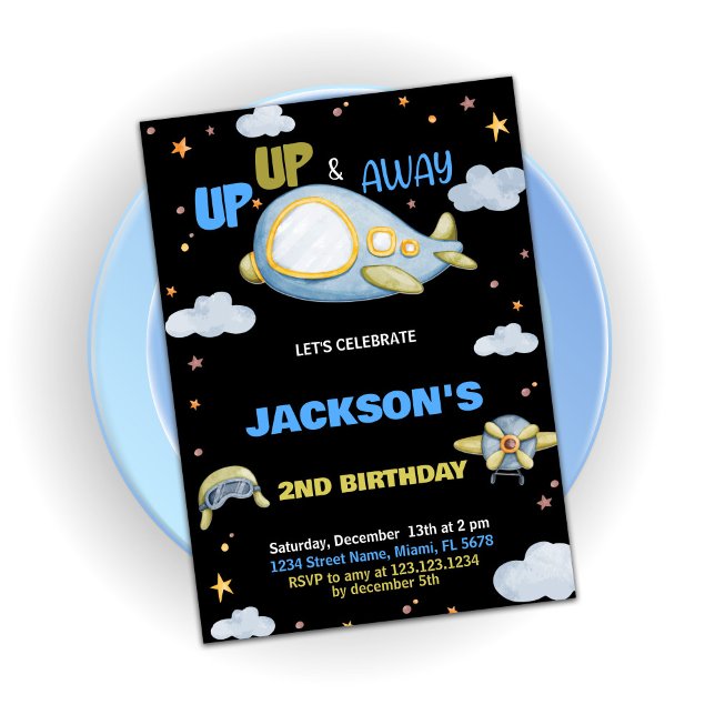 Blåsvarta inbjudan till flygplanet på födelsedagen (Airplane Birthday Invitations Blue Black)