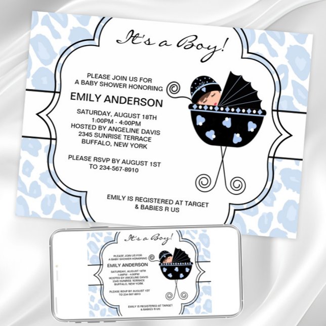 Blåsvarta leopard Pojke-inbjudningar Inbjudningar (Sweet carriage baby shower invitation. Instant download and printed invitations available.)