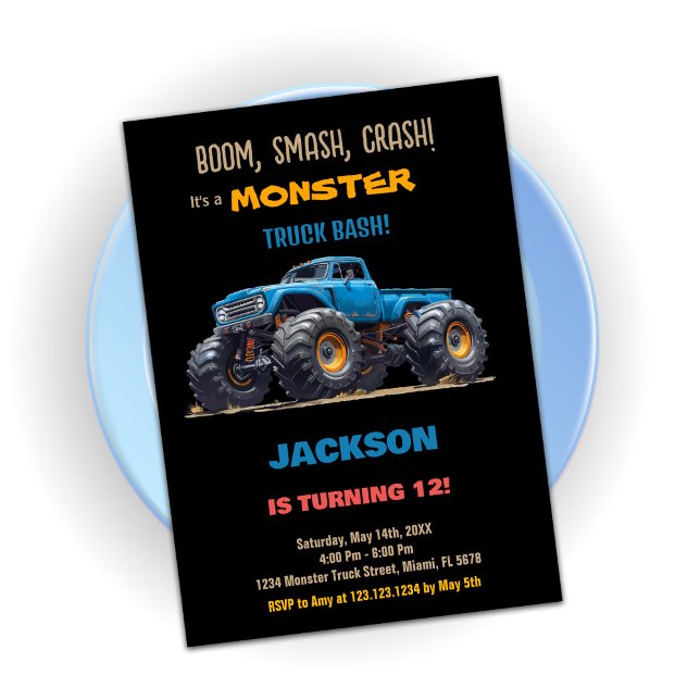Blåsvarta monster Lastbil-födelsedagsinbjudningar Inbjudningar (Blue Black Monster Truck Birthday Invitations)
