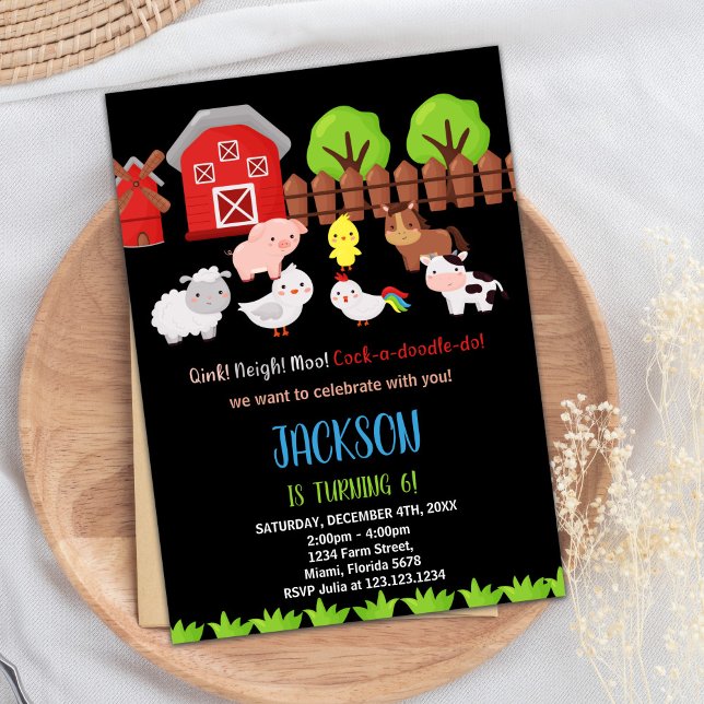 Blåsvarta röda Boskap-inbjudan på födelsedagen Inbjudningar (Blue Black Red Farm Animals Birthday Invitations)