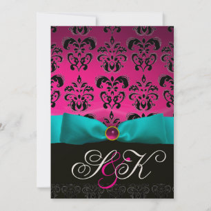 BLÅT BAND ROSA FUCHSIA SVART DAMASK MONOGRAM INBJUDNINGAR