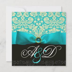BLÅT BAND TURKOS VIT SVART DAMASK MONOGRAM INBJUDNINGAR