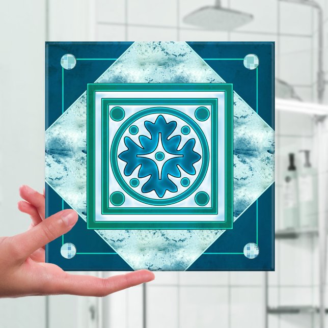 Blåt Geometric Kitchen eller badrumsbrile av Grönt Kakelplatta (Modern design kitchen or bathroom tile featuring an abstract geometric pattern in teal turquoise)