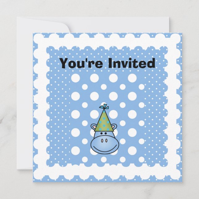 Blåt Hippo Anpassad Birthday Inbjudan (Framsida)