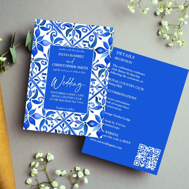 Blåtalavera Spanska plattor i bröllop Inbjudningar (Blue Azulejo Talavera vintage Spanish tiles all in one wedding Invitation template instant download)