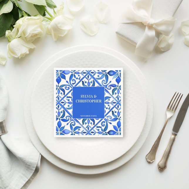 Blåtalavera Spanska plattor i bröllop Pappersservett (Blue Talavera Spanish tiles personalized monogram printed wedding Napkins template table decor)