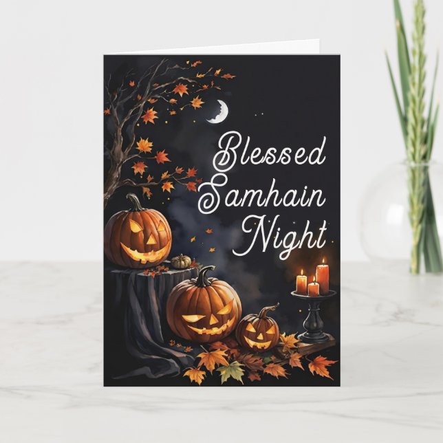Blated Samhain Natt Halloween Pumpkins Fall Kort (Framsida)