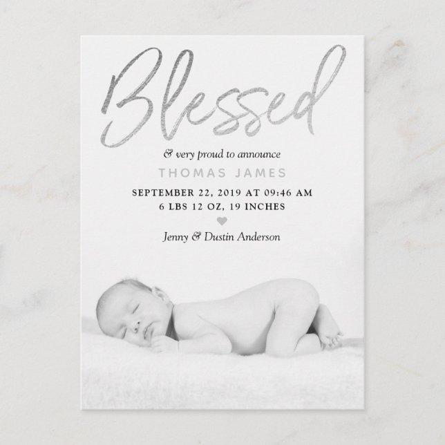 "Blated" Silver Foil Photo Birth Notice Meddelande Vykort (Framsida)