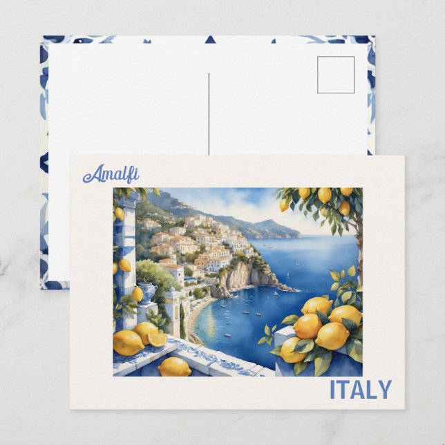 Blåtitlar och citronvy från Amalfi Italien Vykort (Fram/baksida)