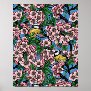 Blåtmålsfåglar i blommande körsbär träd på blått poster