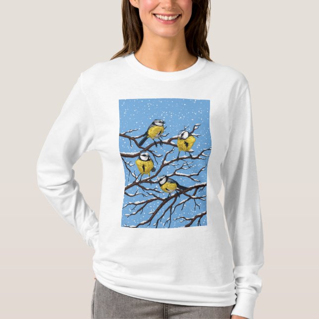 Blåtmålsfåglar på vintern t shirt (Framsida)