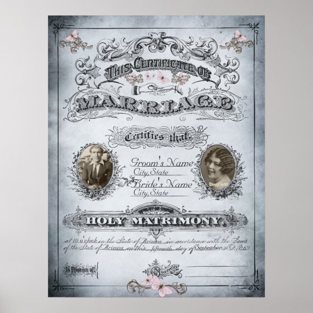 Blåtonscertifikat för fjäril Vintage Giftermål Poster (Framsidan)
