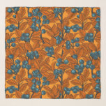 Blåträdgård, blått och orange sjal<br><div class="desc">Hand plockade mönster med blåbär grenar</div>