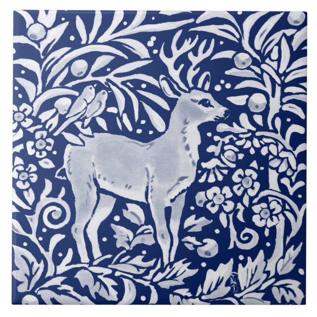 Blåträdsdjur (Cobalt Navy Blue Woodland Animal Hjo Kakelplatta (Framsidan)