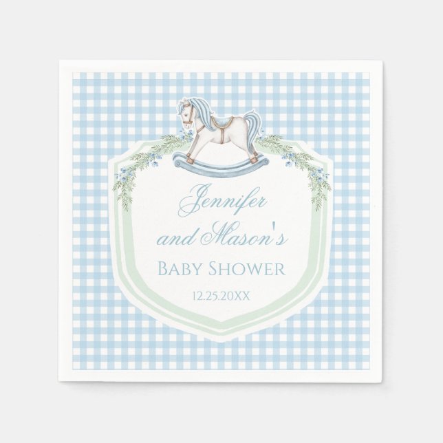 Blåträhäst gingham vapensköld pojke dusch pappersservett (Framsidan)