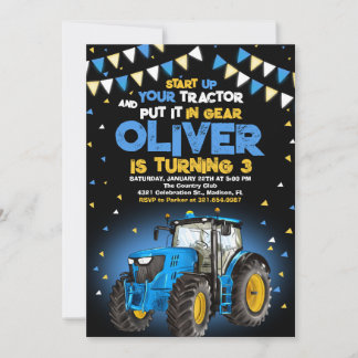 Blåtraktor 3:e födelsedag Party Inbjudningar