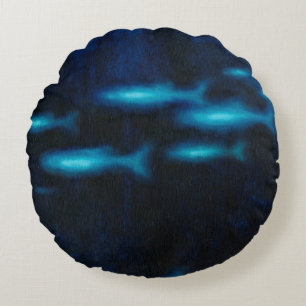 Blåtransienta fisksilhuetter rund kudde